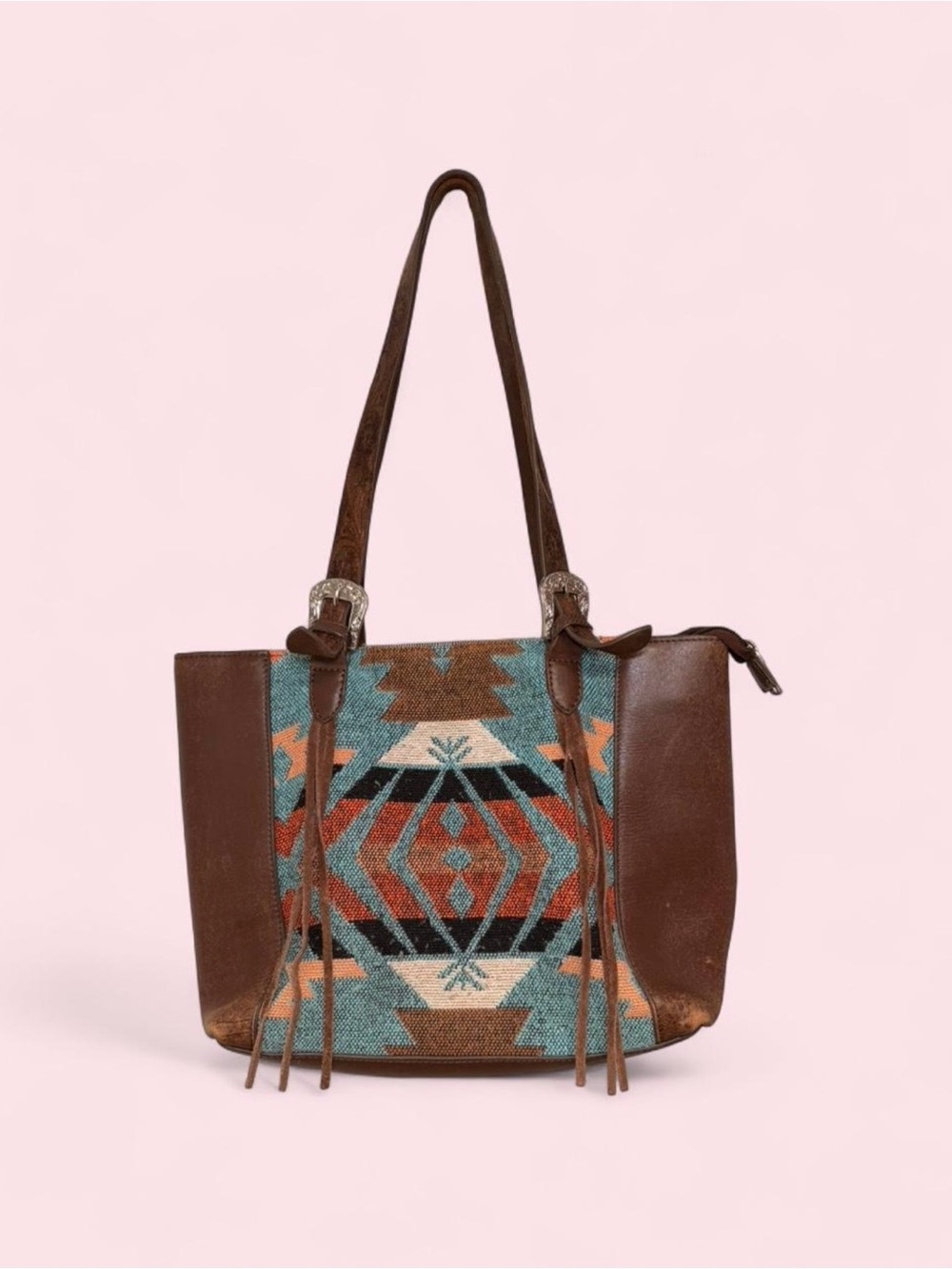 Shyanne Western Aztec Leather Fringe Tote Bag Boho Cowgirl Embossed Shoulder